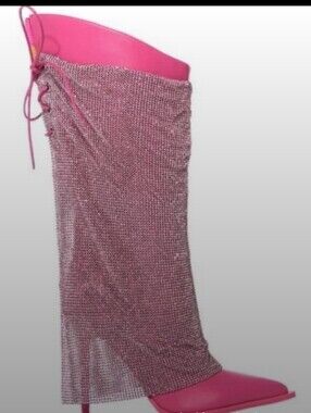 Azalea WANG Crystal Mesh Overlay Heeled Boots 8.5